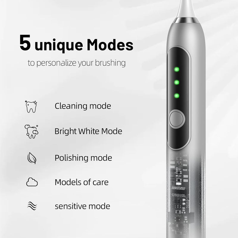 Seapeoa Adult Sonic Electric Toothbrush with 10 Brush Heads, Travel case, and Wall Bracket, Suitable for Both Adults and Children, IPX8 Waterproof, USB Charging, 42000VPM, Silver - Image 2